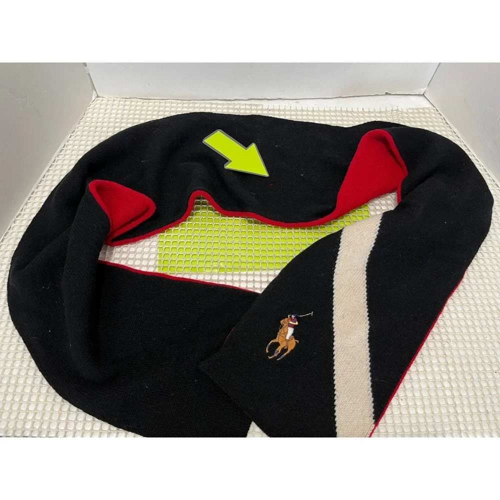 Polo Ralph Lauren Scarf Black Red Cream Lambswool Reversible Pony
